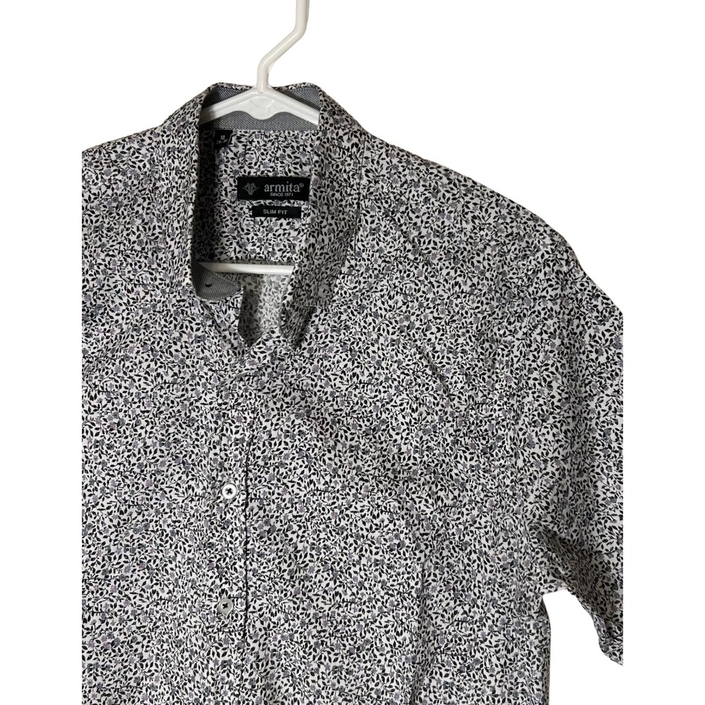 Armita Mens Slim Fit Short Sleeve Floral Button Down Shirt‎ Black White Purple M